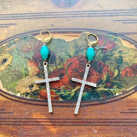 Handmade Crystal & Vint. Aqua Glass Bead Earrings - Picture 4 of 11